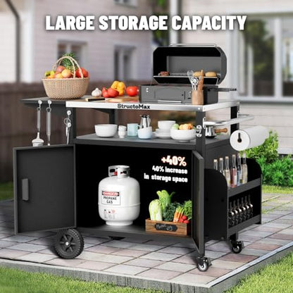 StructoMax XL Outdoor Grill Cart with Cabinet, Extra-Wide Stainless Steel Table Top, Large Spice Rack & Lockable Wheels, Outdoor Kitchen Island Grill Table for BBQ, Cooking & Prep