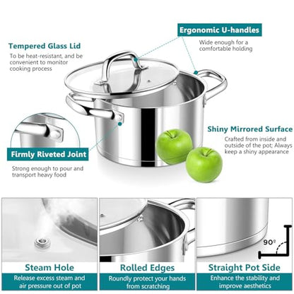P&P CHEF 6 Quarts Cooking Stock Pot with Lid, Stainless Steel Stockpot Induction Pot for Soup, Tri-Ply Bottom & Clear Glass Lid & Double Handle, Dishwasher Safe