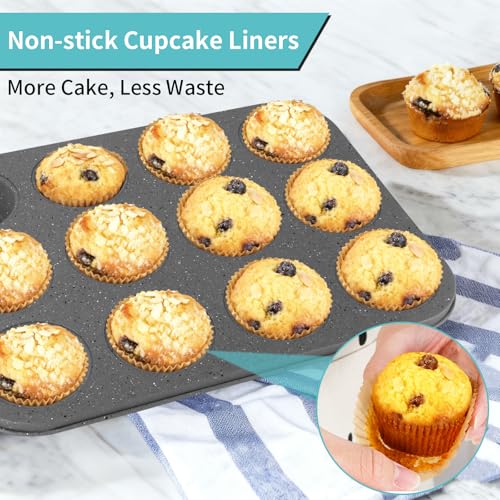 Barlket Baking Pans Set, 5 Piece Grey Marble Nonstick Bakeware with 100 Cupcake Liners – Stackable Carbon Steel Set for Small Kitchens, Apartments, Home Baking and Gifts