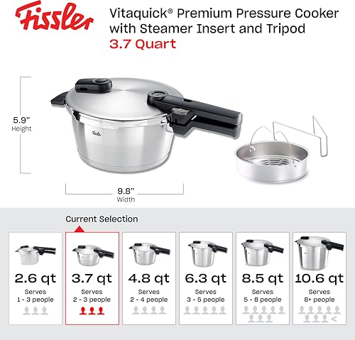Fissler Vitaquick Premium Pressure Cooker, 3.7 Quart with Steamer Insert and Tripod