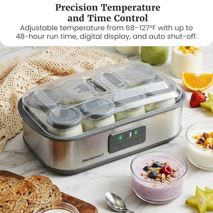 Elite Gourmet ProBioticPRO™ Digital Yogurt Maker, Programmable Temp & Time Control (68–127°F), Includes 8 Glass Jars (6 oz) + 2 Large 1-Qt Bowls, Stainless Steel, Auto Shut-Off