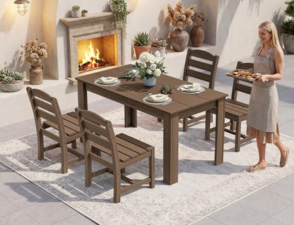 SERWALL Outdoor Dining Sets for 6, HDPE Dining Sets with 1 Umbrella Hole Cut-Out Rectangular Table and 4 Armless Chairs and 2 Armchairs, Patio Dining Sets, Brown