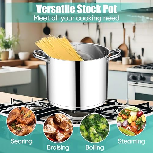E-far 14 Quart Stainless Steel Stock Pot, Heavy Duty Induction Stockpot with Glass Lid for Cooking Soup Canning, Thick Tri-Ply Bottom & Riveted Handles, Compatible with All Stoves, Dishwasher Safe