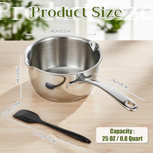 Stainless Steel Butter Warmer Pan 25 Ounce Mini Butter Melting Pot with Scraper Kitchen Induction Milk Pot Saucepan with Dual Pour Spout for Milk, Coffee, and Melting Chocolate, 750ml/0.8 Quart
