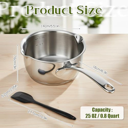 Stainless Steel Butter Warmer Pan 25 Ounce Mini Butter Melting Pot with Scraper Kitchen Induction Milk Pot Saucepan with Dual Pour Spout for Milk, Coffee, and Melting Chocolate, 750ml/0.8 Quart