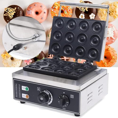 TENNIEX 1550W Electric Donut Maker, 12 Hole Nonstick Doughnut Machine Commercial Waffle Maker Crepe Maker for Restaurant Bakeries Family, Temperature Range 122-572℉