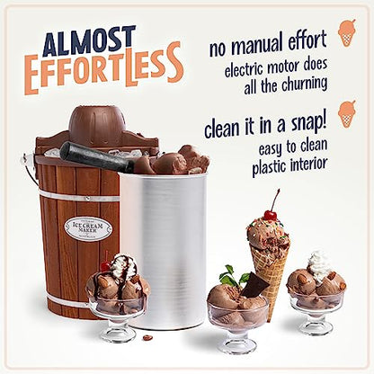 Nostalgia Electric Ice Cream Maker With 6 Qt Capacity - Old Fashioned Ice Cream Machine Makes Frozen Yogurt or Gelato in Minutes- Vintage Wooden Style Ice Cream Maker with Aluminum Canister- Dark Wood