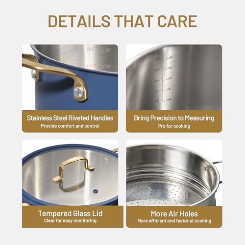 CAROTE 8QT Full Clad Tri Ply Stainless Steel Stock Pot with Lid, Kitchen Stockpot Soup Pot, Outer Ceramic Layer, Even Heating, All Stoves Compatible, Oven & Dishwasher Safe, Stay Cool Handle, Blue