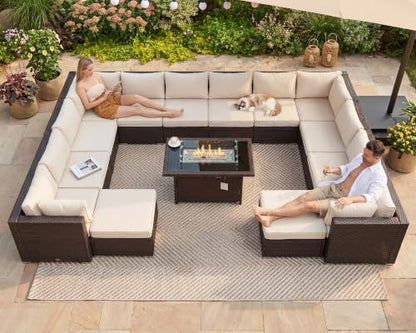 NICESOUL 15 Piece Outdoor Sectional with Fire Pit Table, Modern Luxury Patio Deep Seating w/Firepit, 29.3'' High-Back Wicker Couch Thick, Big High-Weight Capacity Sofa for Garden, Yard, Brown & Beige