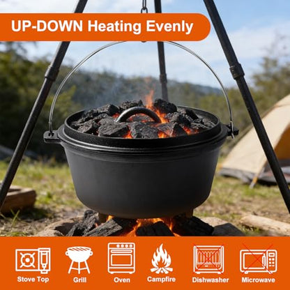 Blingco 10 QT Pre-Seasoned Cast Iron Camp Dutch Oven with Lid, Large Camping Dutch Oven Pot, incl. Lid Lifter - Dual Handles - for Outdoor Campfire, Grill, Oven&Stovetop Cooking - Black
