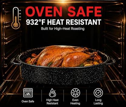 bajindan 16 Inch Enamel Roasting Pan with Lid & Rack, Oven & Dishwasher Safe Turkey Roaster, 932°F Heat Resistant, Includes Silicone Handles & Cleaning Sponges