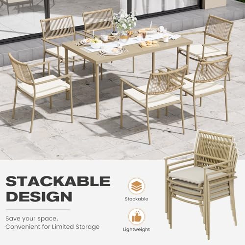 7 Pieces Outdoor Dining Set for 6, 55” Large Steel Dining Table with Umbrella Hole, Wicker Patio Table and Rattan Chairs for Garden/Deck/Yard/Porch, Matte Metal Spray Coating Patio Dining Set,Beige