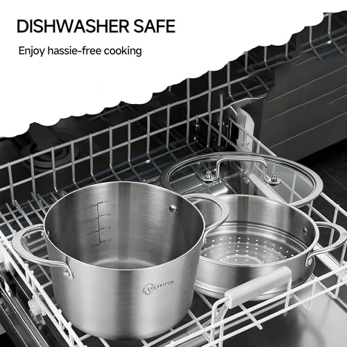 LOLYKITCH 5 Quart Stainless Steel Steamer Pot with Glass Lid, 3-Ply Steaming Pot for Cooking, 2 Tier Induction Steamer Pot for Tamales Seafood Vegetables Dumplings Stock Pot, Thick