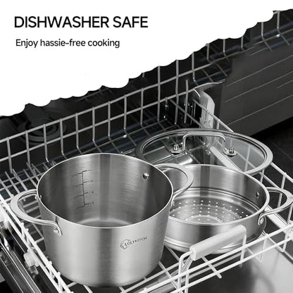 LOLYKITCH 5 Quart Stainless Steel Steamer Pot with Glass Lid, 3-Ply Steaming Pot for Cooking, 2 Tier Induction Steamer Pot for Tamales Seafood Vegetables Dumplings Stock Pot, Thick