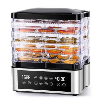 Food Dehydrator Machine with One-Touch Food Presets, 5 Stackable Drying Trays, 48H Digital Timer, 95-167°F Temperature Control, Compact BPA-Free Dehydrator for Jerky, Fruit, Herbs & Dog Treats