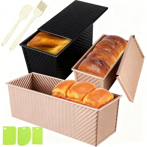 YURTKUMAS 3 Pack Set Pullman Loaf Pan with Lids, 2.2 lb & 1 lb & 0.8 lb Dough Capacity,Non-Stick Sandwich Bread Loaf Pan for Homemade Baking Bread