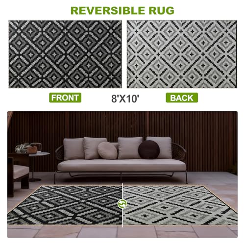 YONILE 8x10 ft Outdoor Rug Waterproof for Patio with LED Light,Large Outdoor Plastic Straw Rug,Reversible Plastic Area Rugs Mat Outside Carpet for RV, Deck, Porch, Picnic, Beach, Balcony