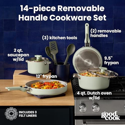 GoodCook Ceramic Cookware Set 14-Piece with Removable Handles, Nonstick Pots & Pans, Induction & Oven Safe, Sage Green