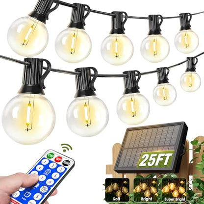 Nisocy 25FT Solar String Lights Outdoor Waterproof with Remote & Timer, LED Shatterproof G40 Bulbs, Solar Powered Patio Lights for Outside Decor, Backyard, Porch, Garden, Wedding