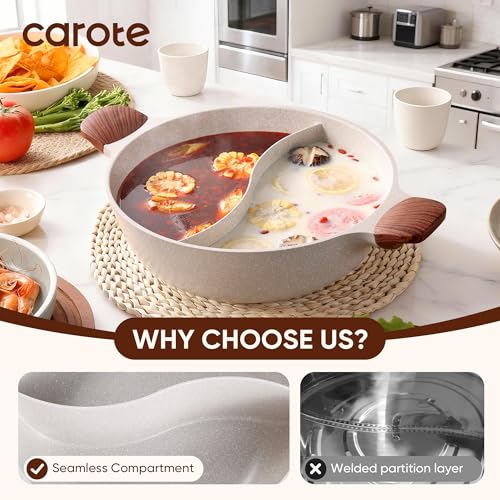 CAROTE Hot Pot with Divider Double Flavor Divided Stockpot with Glass Lid, Dual Sided Nonstick Stock Pot, Shabu Shabu Pots, Cookware for Induction Cooktop Gas Stove, 4.5-QT