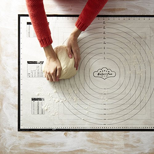 BakeitFun XX-Large Silicone Pastry Mat 33.5 x 22.5 in nonstick surface with inch and cm guides, concentric circles, conversion charts, BPA free, heat safe to 450°F, dishwasher safe