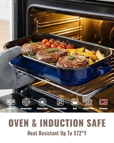 MCCSI Roasting Pan for Oven with Rack 6-Piece Enamel Deep Lasagna Baking Dish 14&17 Inch, 572°F High Temp Resistance Dishwasher Safe Non-Stick Easy-To-Clean, Large Turkey Ham Roaster Mothers Day Gift