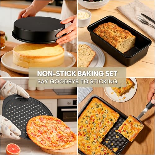 Fire More 10-Piece Nonstick Baking Pan Set, 0.8MM Thick Stackable Bakeware Sets Including Cookie Sheets for Baking, Cooling Rack, Muffin Pan, Cake Pan, Pizza Pan, Loaf Pan