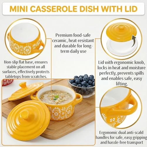 Goaste 4 Pack Porcelain Ramekins with Lids, 7 OZ Mini Casserole Dish with Handles, Round Ceramic Cocotte Bowl Set, Individual Small Baking Dish for Souffle, Creme Brulee, Lava Cake, Soup (4 Colors)