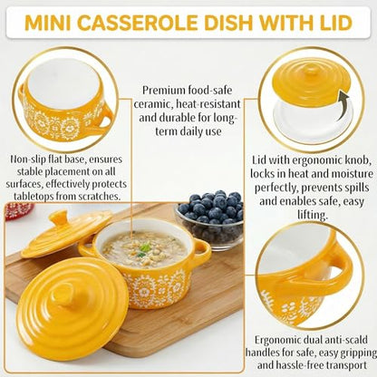 Goaste 4 Pack Porcelain Ramekins with Lids, 7 OZ Mini Casserole Dish with Handles, Round Ceramic Cocotte Bowl Set, Individual Small Baking Dish for Souffle, Creme Brulee, Lava Cake, Soup (4 Colors)