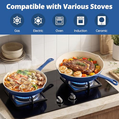 Hteizpz Enameled Cast Iron Skillet 3-Piece Set, Nonstick Heavy-Duty 11", 10", 8.6" Frying Pan, Oven & Induction Safe, Cookware for Gas, Electric, Ceramic Stovetops, Blue