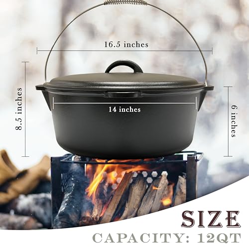 Cuisiland 12 Quart Cast Iron Dutch Oven with Dome Lid & Bail Handle – Pre-Seasoned Large Campfire Pot for Outdoor Cooking, Roasting, Baking & Stews – Heavy-Duty Cookware with Even Heat Distribution