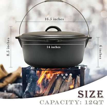 Cuisiland 12 Quart Cast Iron Dutch Oven with Dome Lid & Bail Handle – Pre-Seasoned Large Campfire Pot for Outdoor Cooking, Roasting, Baking & Stews – Heavy-Duty Cookware with Even Heat Distribution