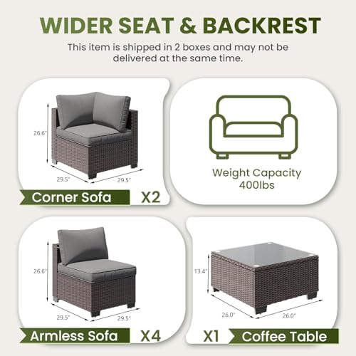 OUGMMGOU 7-Piece Outdoor Patio Furniture Set, 6-Seat All-Weather PE Rattan Wicker Patio Sectional Furniture Set with Coffee Table, 450 lb Capacity