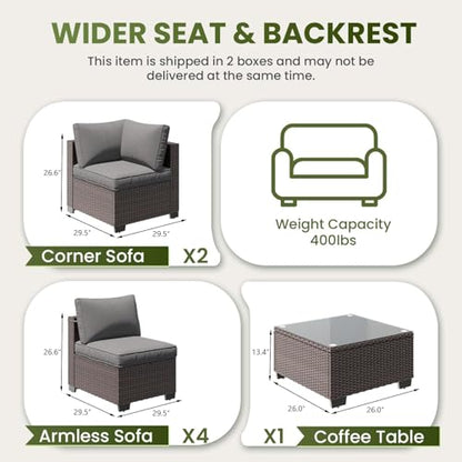 OUGMMGOU 7-Piece Outdoor Patio Furniture Set, 6-Seat All-Weather PE Rattan Wicker Patio Sectional Furniture Set with Coffee Table, 450 lb Capacity