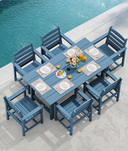 SERWALL 8-Piece Patio Dining Sets with 15FT Double Side Patio Umbrella, Outdoor HDPE Dining Furniture Set with Umbrella Hole Cut-Out Table and 6 Chairs, Blue（Umbreall Base not Included）
