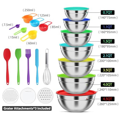 ENVTEK Mixing Bowls with Lids Set, 7 PCS Stainless Steel Mixing Bowls with 3 Grater Attachments, Size 4.5, 4, 3.5, 2.1, 1.5, 1.1, 0.7QT, Ideal for Kitchen Cooking Baking & Serving