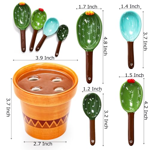Coloch 5Pcs Ceramic Measuring Spoons in Pot, Cactus Shape Baking Measuring Spoons and Cup Decorative Cactus Figurine Measuring Spoon Set for Baking, Milk, Sugar, Salt
