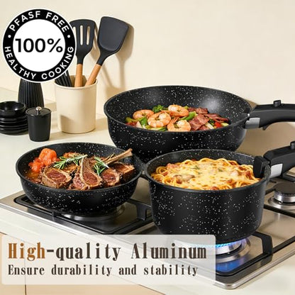 Umite Chef 21Pcs Pots and Pans Set Non Stick, Nonstick Cookware Sets Detachable Handle, Non Toxic Induction RV Kitchen Cooking Set, Dishwasher/Oven Safe, Fridge Safe, Space Saving(Black)