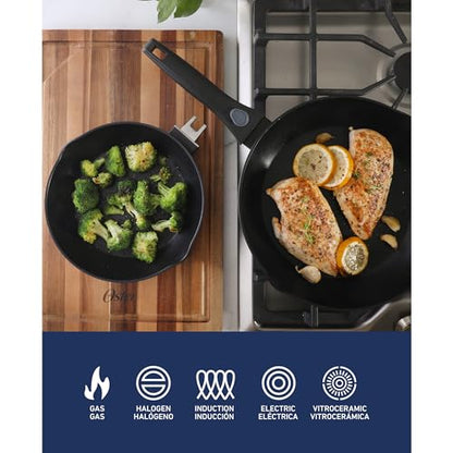 Oster SmartHandle 2-Piece Fry Pan Set, 11-Inch & 9-Inch Nonstick Skillets with Removable Handle – Oven & Dishwasher Safe, Space-Saving Cookware