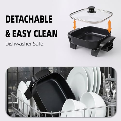 I-Keukenn 8" Electric Skillet with PFAS-Free Non-Stick Ceramic Coating, Removable Electric Frying Pan with Adjustable Temperature, Reversible Design, Tempered Glass Lid, Black