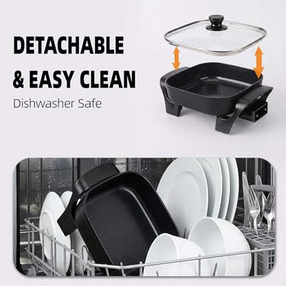 I-Keukenn 8" Electric Skillet with PFAS-Free Non-Stick Ceramic Coating, Removable Electric Frying Pan with Adjustable Temperature, Reversible Design, Tempered Glass Lid, Black
