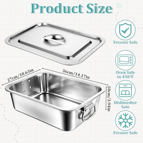 4 Inch Extra Deep Lasagna Pan with Lid and Handles, 14x10.6 Inch Stainless Steel Large Baking Dish Tray, Nonstick Lasagna Baking Thick Metal Roasting Pan for Casserole Brownie Turkey, Silver