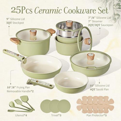 CAROTE 25-Piece Ceramic Cookware Set, Nonstick Pots and Pans Set with Detachable Handle, Non-Toxic Kitchen Cooking Set, Dishwasher & Oven Safe, Induction Compatible, PFAS Free