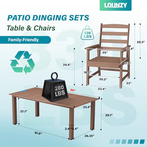 LOUNZY 11 Pieces Patio Dining Sets, 90'' Table Outdoor HDPE Furniture Set w/ 2" Hole Cut-Out Dining Table with 10 Patio Chairs(2 W/Armrest, 8 w/o Armrest), Brown