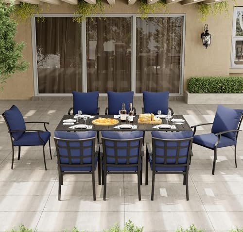 HAPPATIO 9-Piece Patio Dining Set, Outdoor Dining Set with Powder-Coated Metal,Dining Table with Umbrella Hole, 8 Stackable Chairs with Removable Cushions for Porch Poolside Garden,Navy Blue