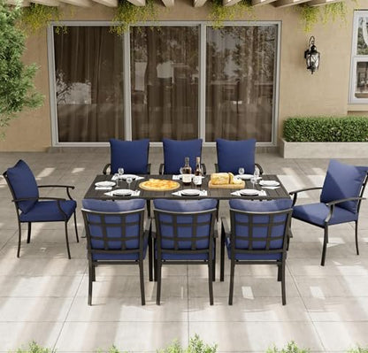 HAPPATIO 9-Piece Patio Dining Set, Outdoor Dining Set with Powder-Coated Metal,Dining Table with Umbrella Hole, 8 Stackable Chairs with Removable Cushions for Porch Poolside Garden,Navy Blue