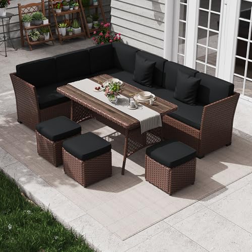 KIGOTY 7 Piece Patio Furniture Set, Outdoor PE Wicker Rattan Outdoor Dining Set, Patio Table and Chairs Set, Patio Conversation Sofa Set with Dining Table and Ottoman(Brown-Black)