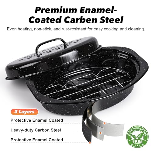 13” Roaster Pan with Lid and Rack, Small Enamel Roaster Pan with Oval Roasting Rack, Granite Baking Pot for Chicken Turkey Lamb, Heat Resistant, Oven/Dishwasher/All Stovestops Compatible