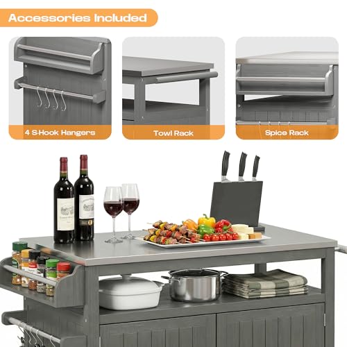 FUQARHY 43.3-Inch Outdoor Kitchen Island with Storage Cabinet and Stainless Steel Top, Solid Wood Prep Station Grill Table with Lockable Wheels for Patio, Backyard, Party (Gray)