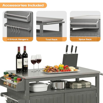 FUQARHY 43.3-Inch Outdoor Kitchen Island with Storage Cabinet and Stainless Steel Top, Solid Wood Prep Station Grill Table with Lockable Wheels for Patio, Backyard, Party (Gray)